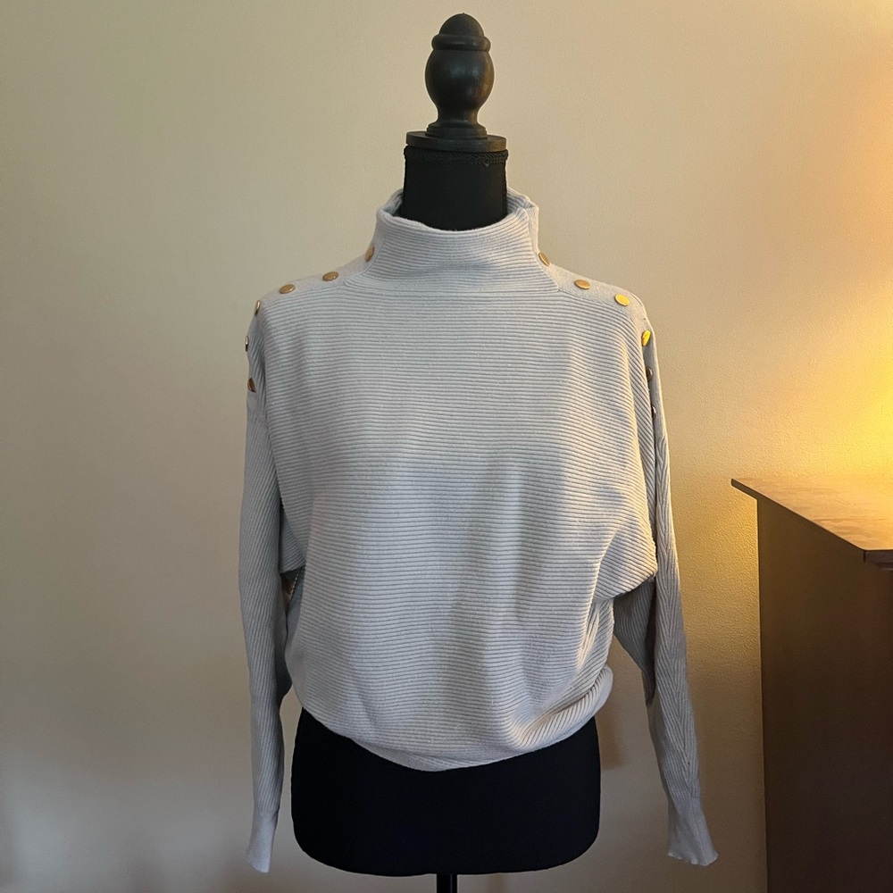 Cream Colored Cowl Neck Sweater with Gold  Shoulder Buttons